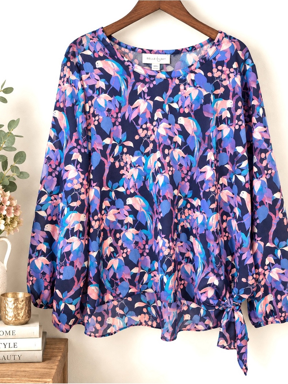 Botanical Bird Print Side Tie Semi Sheer Blouse XXL